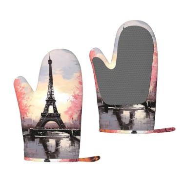 Imagem de Luvas de forno de silicone resistentes ao calor, luvas de cozinha forradas de algodão grosso, conjunto de 2 pegadores de panela longos, flexíveis, à prova d'água, pintura a óleo, Torre Eiffel, luvas