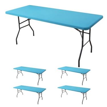 Imagem de Enjoyidea Capa de mesa de elastano para mesas retangulares de 1,8 m - pacote com 4 - capa de mesa elástica azul claro para piquenique ao ar livre - toalhas de mesa elásticas de elastano para
