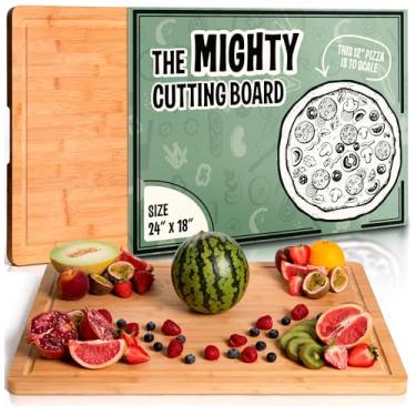 Imagem de Tábua de corte extra grande para cozinha 61 x 45 da Grizzly Living - Tábuas de corte de bambu resistentes para carne, vegetais e charcutaria - grande fogão de madeira e bancada (61 cm x 45 cm)