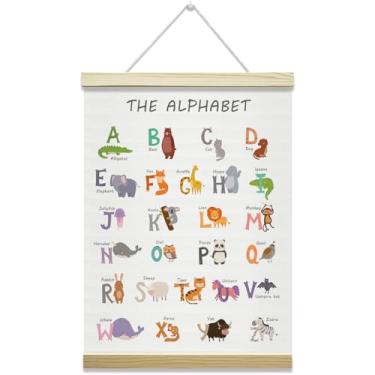 Imagem de Nopoben Moldura para pôster do alfabeto, arte de parede com estampas de animais com cabide de pôster de madeira, decoração de parede de animais educativos, decoração de sala de aula para quarto de
