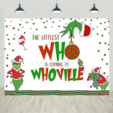Imagem de Whoville Christmas Baby Shower Pano de fundo floco de neve bolinhas monstro verde decorações de Natal chá de bebê bolo mesa banner foto cabine suprimentos 2,1 x 1,5 m