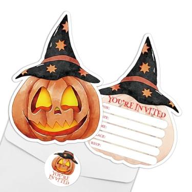 Imagem de 178REWIDPARTY 15 conjuntos de convites de Halloween com adesivos de envelopes, cartões de convite de preenchimento em forma de abóbora, convites de festa de chá de bebê de aniversário, decoração