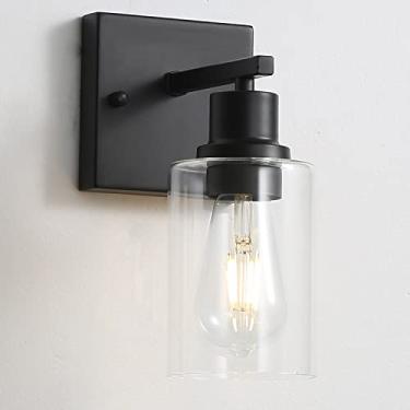 Imagem de FILIMITIY Luminária de banheiro para banheiro, 1 luz preta fosca, arandelas de parede com sombra de vidro transparente para corredor, casa de fazenda, quarto, sala de estar