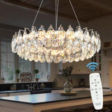 Imagem de Lustre de cristal redondo moderno 61 cm cromado regulável LED cristal candelabro 4 camadas contemporânea pingos de chuva pendentes pendurados lustres para sala de jantar, sala de estar, quarto