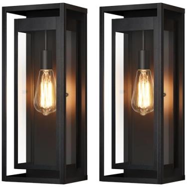 Imagem de Slypadan Luzes de parede externas de 48 cm, pacote com 2 lâmpadas de arandela de tamanho grande preto fosco com sombra de vidro transparente, luminária externa de varanda à prova d'água para porta da