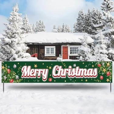 Imagem de Faixa grande de Happy Christmas, faixa de galhos de árvore de Natal para fora, decorações verdes de feliz Natal para jardim de jardim 300 x 50 centímetros