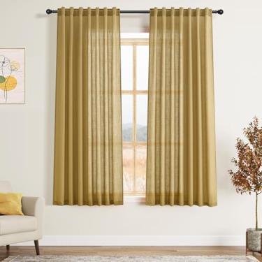 Imagem de Cortinas de linho douradas 153 cm de comprimento, conjuntos de 2 painéis para sala de estar, quarto, varão bolso traseiro, filtro de luz, drapeado para janela de cozinha, cortina de privacidade