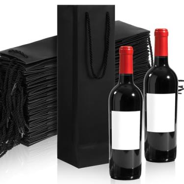 Imagem de APLZGMG Pacote com 50 sacos de presente de vinho preto, sacolas de papel kraft para vinho com alças para festa, compras, varejo