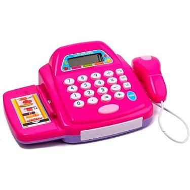 Imagem de Caixa Registradora Infantil com Calculadora, Som e Luz, Rosa, Kit com Moedas, Cartões e Cesta de Compras (Roxo)
