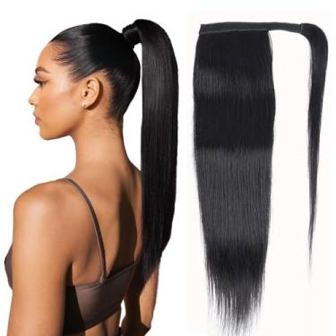 Imagem de Datanala Extensão de rabo de cavalo cabelo humano liso virgem brasileiro 100% Remy, 40,6 cm, com pasta mágica, deformação em torno de rabo de cavalo liso, laço mágico, cabelo humano, extensão de rabos