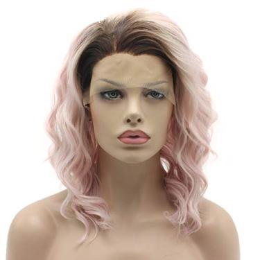 Imagem de Lushy Peruca ondulada sintética, comprimento médio, 35,5 cm, raiz escura rosa ombre, densidade pesada, renda frontal realista, resistente ao calor