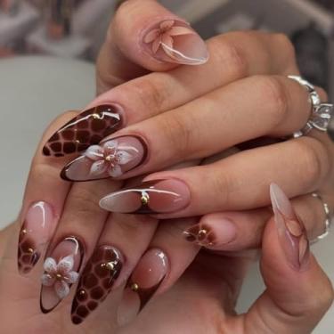 Imagem de Unhas postiças médias de amêndoa, unhas postiças marrons, unhas artificiais francesas com desenhos de leopardo, prensas de unhas de acrílico, lindas unhas de verão para mulheres, 24 peças