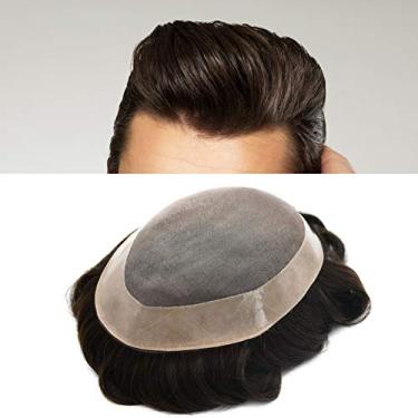 Imagem de Peruca masculina de cabelo humano fino mono revestimento poli ao redor da peruca masculina durável sistema de substituição de cabelo monofilamento NPU para homens MILAGRE FACE 3# MARROM ESCURO 6"*23