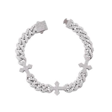 Imagem de LuxeFlex Pulseira cubana cruzada de 9 mm, unissex Jesus religioso banhado a ouro branco brilhante grande 5A zircônia cúbica brilhante joia de luxo feminina, 8 Inch, Latão Zircônia cúbica, Zircônia