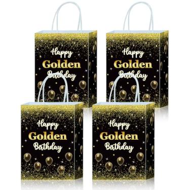 Imagem de Roselush 16 peças de sacolas de lembrancinhas de festa de aniversário douradas pretas para decoração de feliz aniversário, sacolas de presente douradas