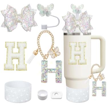 Imagem de Liangang Conjunto de acessórios de copo branco de 7 peças para Stanley 850 g 1,134 g, incluindo bota, tampa à prova de derramamento, capa de canudo de borboleta, letras adesivas, pingentes de letras