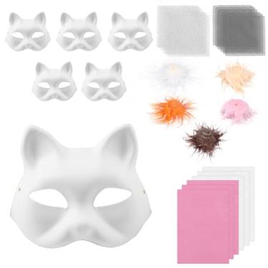 Imagem de ZFLYCANP Kit de máscara Therian DIY de papel, máscara de animal, adereços de fantasia DIY, kit de máscara de gato Therian divertido para estimular a criatividade para festas (rosa)