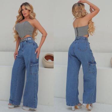 Imagem de Calça Cargo Feminina Jeans Wide Leg Cintura Alta Estilo - NS NANDA STO