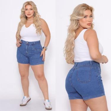 Imagem de Short Jeans Feminino Plus Size Feminino Com Lycra e Detalhes Brilhante