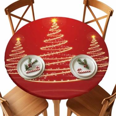 Imagem de Ruian Store Toalhas de mesa redondas com ajuste de inverno 114 a 137 cm, árvore de Natal dourada em vermelho, impermeável, com bordas elásticas, toalha de mesa para cozinha, jantar, festa, decoração