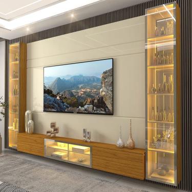 Imagem de Estante Home TV Até 85 Luminare Led Vidro Reflecta Mdf Off White Naturale- Gelius Móveis