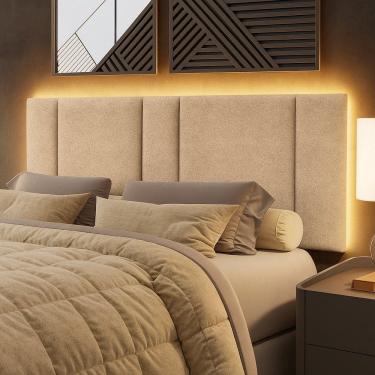 Imagem de Cabeceira Painel Cama Box Queen Size Siri 160cm com LED Bouclé Bege - Abmaza