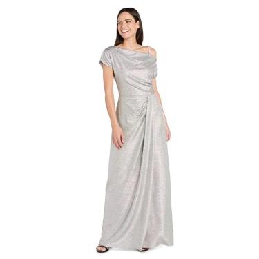 Imagem de R&M Richards Vestido feminino de malha arco-íris - Vestido maxi elegante de um ombro único com alça enfeitada com strass e drapeado lateral, Prata, 44