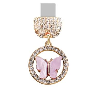Imagem de ELISE & FONDA TP887 Tipo-C porta de carregamento cristal antipoeira pingente de celular pequena borboleta para iPhone 15/16/Samsung/OnePlus/Xiaomi/oppo telefones Android (rosa)