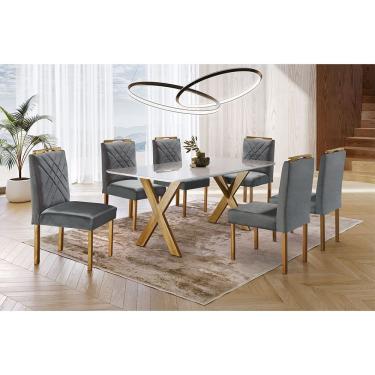 Imagem de Conjunto Sala de Jantar 6 Lugares Mesa Munique Tampo com Vidro e Cadeiras Madeira Maciça Imperial Móveis Mundial