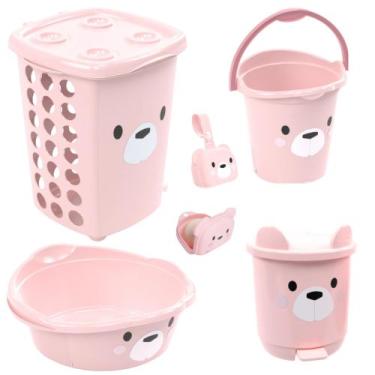 Imagem de Kit cesto de roupa de bebê decorada plasutil 6 peças + bacia + lixeira