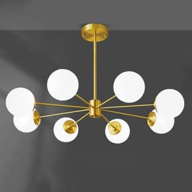 Imagem de Lustre moderno dourado Lustre de latão escovado Luz de teto Vidro leitoso Pendurado Luminárias Lustre de quarto para sala de jantar Sala de estar Cozinha Ilha Banheiro, 8 luzes
