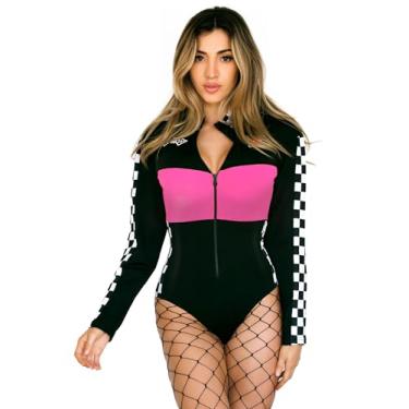 Imagem de Beauty's Love Fantasia feminina de motorista de carro de Halloween - Body de corrida, Preto/rosa, Small