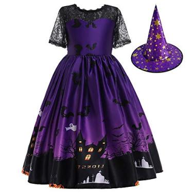 Imagem de Fantasia de Halloween para meninas FMYFWY com chapéu de bruxa para crianças, vestido de festa chique, cosplay, fantasia, fantasma, abóbora, caveira, vestido longo estampado, roxo profundo, 9 – 10 anos