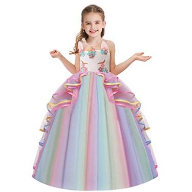 Imagem de NEWEPIE Fantasia de unicórnio para meninas Halloween vestido chique princesa aniversário concurso casamento Natal festa longo tule vestido de baile multicolorido 4-5T