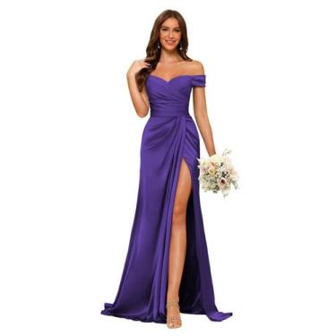 Imagem de Vestido de dama de honra Dessiny Long Off Shoulder Satin Purple