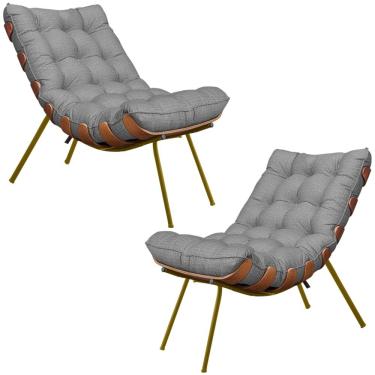 Imagem de Kit 2 Poltronas Decorativas Sala de Estar Abel Base de Madeira Dourada Linho Cinza - Gran Belo