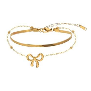 Imagem de yueton Corrente de tornozelo dourada ajustável elegante de camada dupla com pingente de laço fofo joia delicada para pés de praia para mulheres