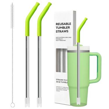 Imagem de Snowfall Canudo de metal para Stanley 850 g, 2 peças de canudos de aço inoxidável longos reutilizáveis com ponta de silicone, 1 escova de palha, livre de BPA (verde maçã)