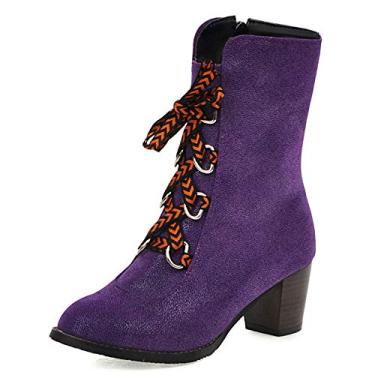 Imagem de Bigfanshu Botas femininas de cano curto e botas tamanho grande cabeça redonda jeans grosso com mulheres no tubo, Roxo, 47 M EU