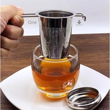 Imagem de Filtros de malha fina mais íngremes de aço inoxidável, coador de chá de grande capacidade com alça e tampa dobráveis, canecas penduradas em bules de chá, canecas para infusão de folhas soltas de café