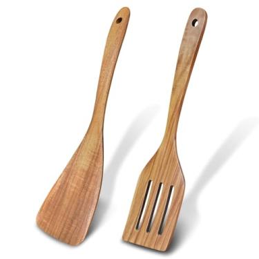 Imagem de Conjunto de espátula de madeira para panelas antiaderentes, conjunto de utensílios de cozinha de 2 peças com espátula plana e espátula ranhurada para virar, mexer e cozinhar
