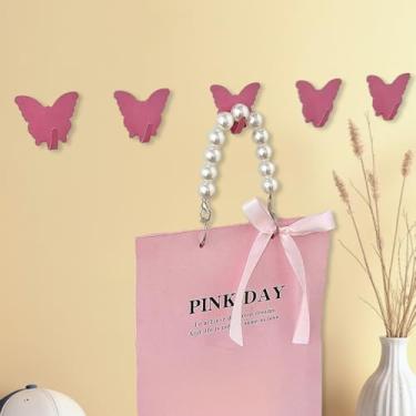 Imagem de 5 ganchos adesivos em forma de coração - sem broca W5 peças ganchos decorativos de borboleta - suporte adesivo de aço inoxidável para casa, cozinha, banheiro (rosa rosa)