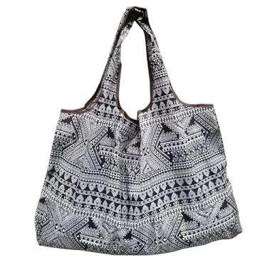 Imagem de 1 bolsa de compras dobrável de grande capacidade, bolsa de compras moderna reutilizável, bolsa de ombro versátil com impressão para mulheres, cinza
