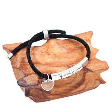 Imagem de Pulseira feminina com citação da Bíblia religiosa cristã, pulseira de placa gravada de aço inoxidável com pingente de semente de mostarda, presente de incentivo inspirador para amigos SLX001