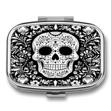 Imagem de DingRound Organizador de comprimidos de metal – Caixa de comprimidos de bolso com 2 compartimentos para vitaminas, suplementos, medicamentos – Estojo de viagem compacto (Dia dos Mortos Sugar Skull)