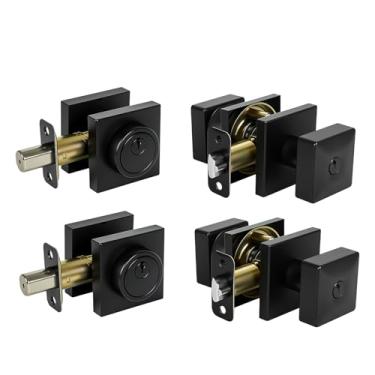 Imagem de Conjunto de fechadura de porta frontal quadrada, fechadura de cilindro único e maçaneta com trava, fechaduras de porta semelhantes com chave para porta da frente (preto fosco, conjunto com 2)