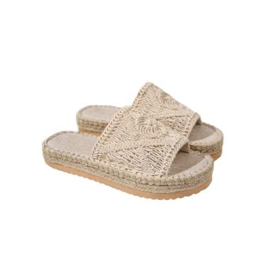 Imagem de OYOANGLE Sandália feminina boêmia trançada de crochê plataforma de bico aberto, sandálias deslizantes para férias de praia, Bege, 39