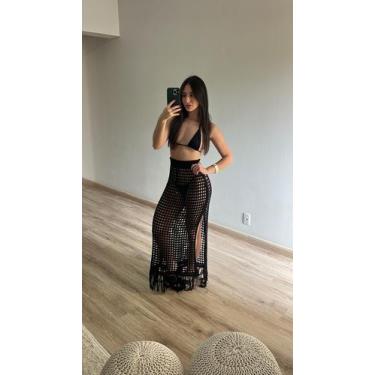 Imagem de Saia de Praia Longa Franjas Abertura Lateral Tricot Verão - Calu Trico