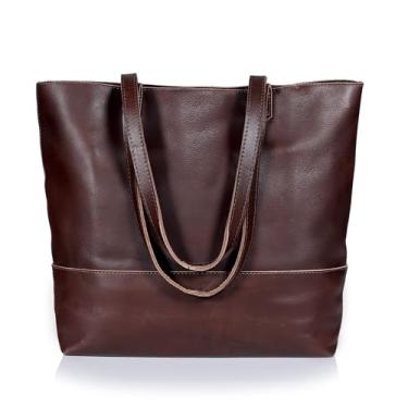 Imagem de Bolsa feminina de couro genuíno – Bolsa de ombro grande, bolsa marrom vintage, bolsa elegante para trabalho e viagem para laptop (Victoria Dark Brown)
