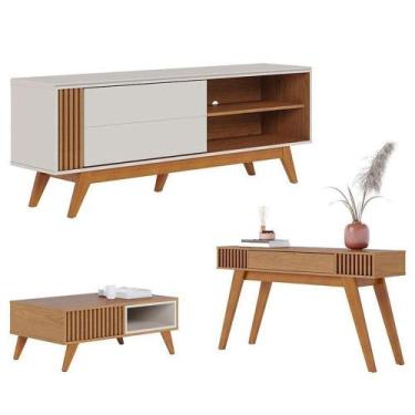 Imagem de Rack Bancada Otawa Off White Freijó Com Mesa De Centro Jeri Freijó Off